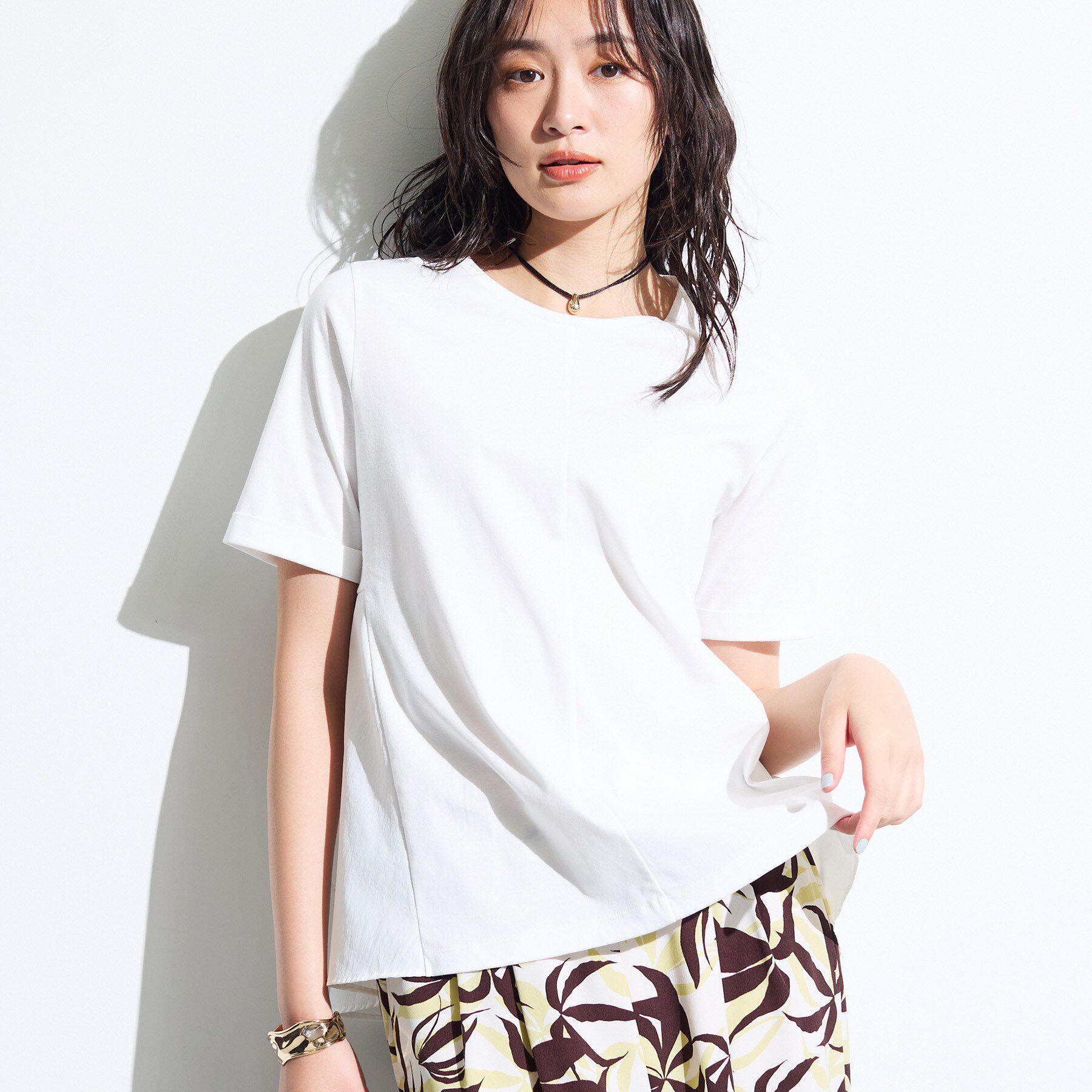 INDIVI「【バックシャン】異素材ドッキングプルオーバー」|Tシャツ・カットソー|オフホワイト(003
