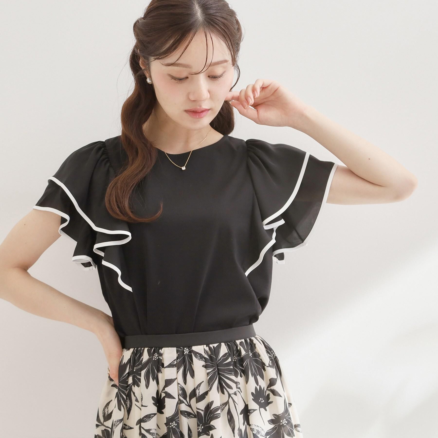 Couture broach「【接触冷感・UVカット・洗える】ラッフル フレアスリーブ トップス」|Tシャツ・カットソー|ブラック(519)
