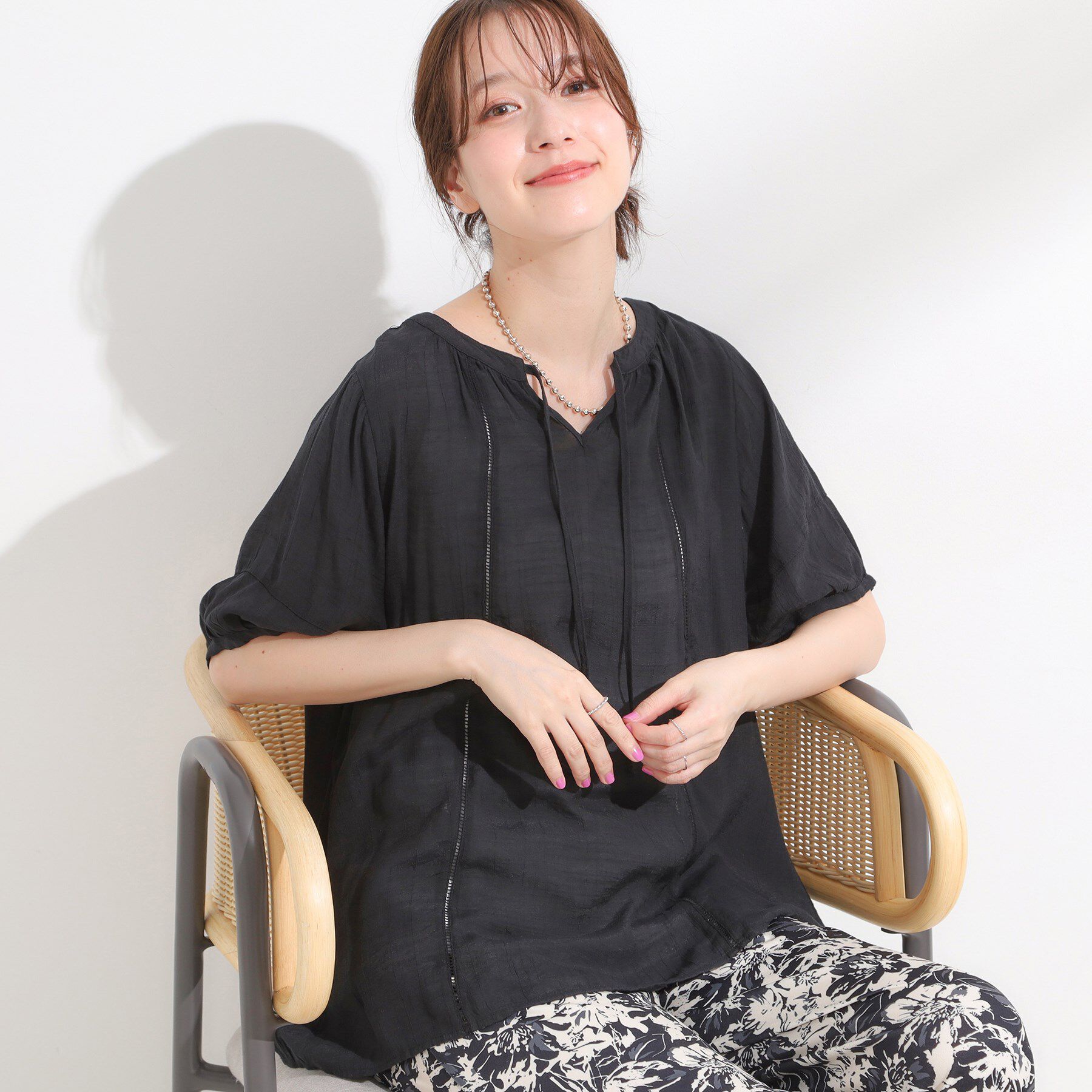 SHOO･LA･RUE「【S-LL/2点セット】リボン使いがアクセント はしごレースブラウス＋タンクトップ」|その他|ブラック(019)