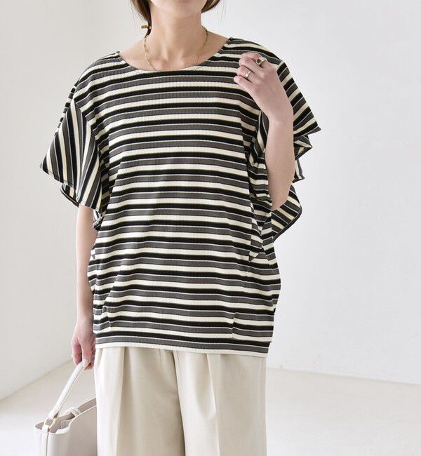 quaranciel「quaranciel:〈洗濯機可能〉マルチボーダー ラッフル コクーン プルオーバー」|Tシャツ・カットソー|