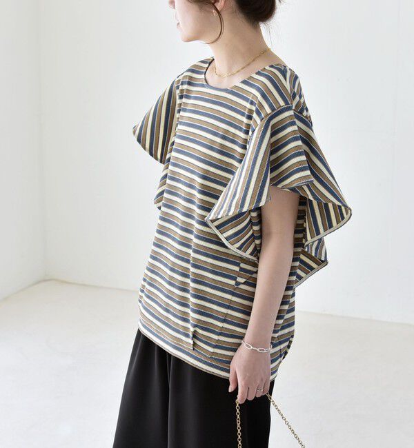 quaranciel「quaranciel:〈洗濯機可能〉マルチボーダー ラッフル コクーン プルオーバー」|Tシャツ・カットソー|