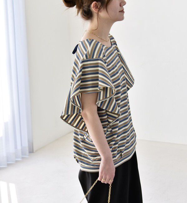 quaranciel「quaranciel:〈洗濯機可能〉マルチボーダー ラッフル コクーン プルオーバー」|Tシャツ・カットソー|