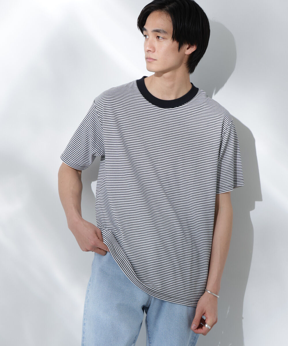 NANO universe「Anti Soaked(R)  汗染み防止 ボーダーミドルシルエットTシャツ」|Tシャツ・カットソー|ホワイト