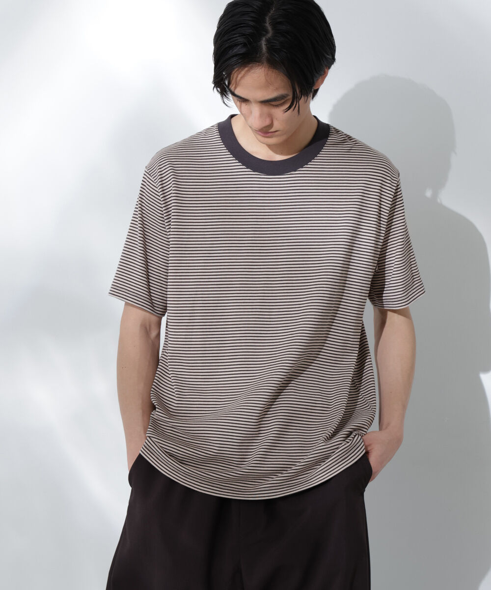 NANO universe「Anti Soaked(R)  汗染み防止 ボーダーミドルシルエットTシャツ」|Tシャツ・カットソー|ベージュ