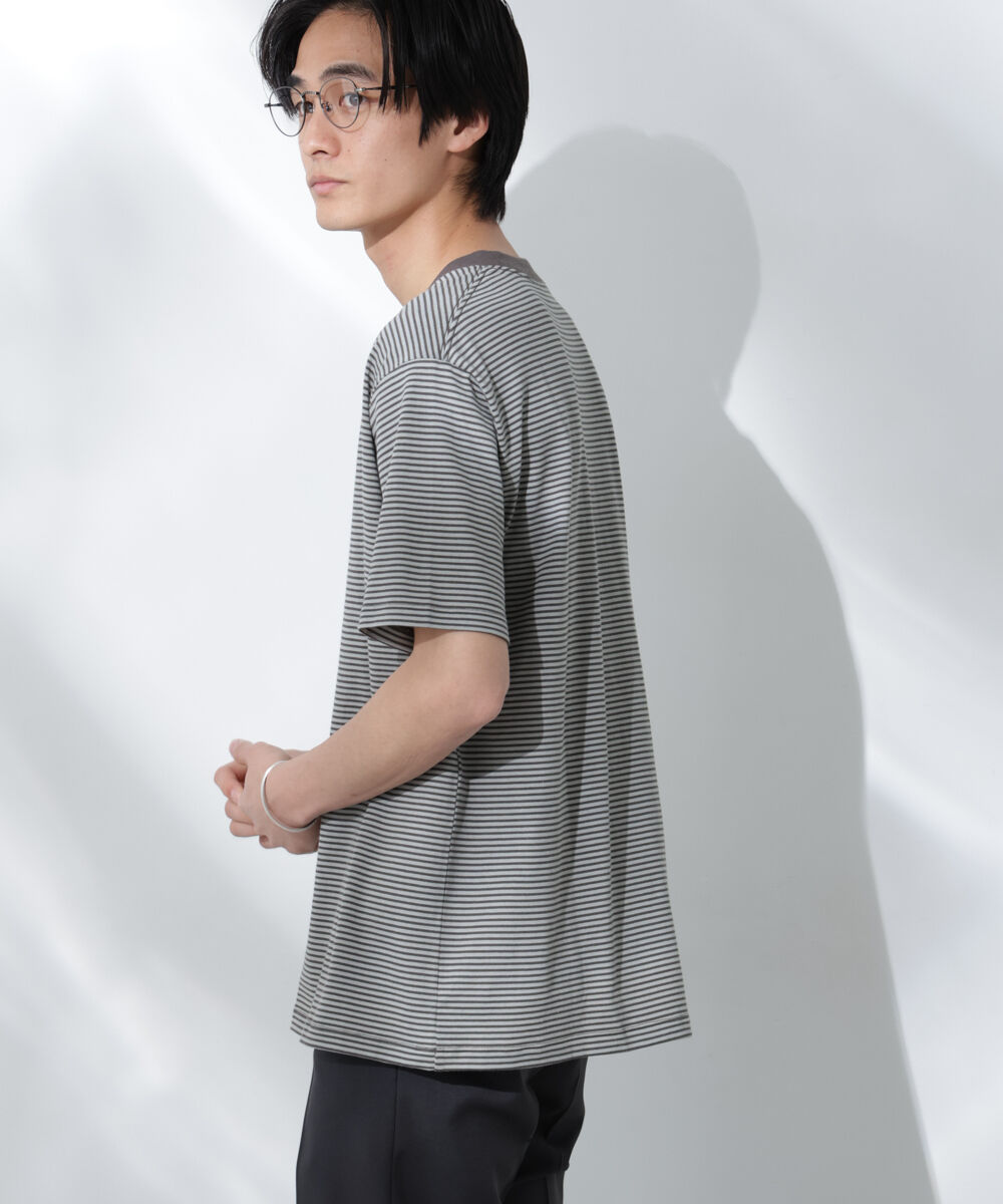 NANO universe「Anti Soaked(R)  汗染み防止 ボーダーミドルシルエットTシャツ」|Tシャツ・カットソー|L.カーキ1