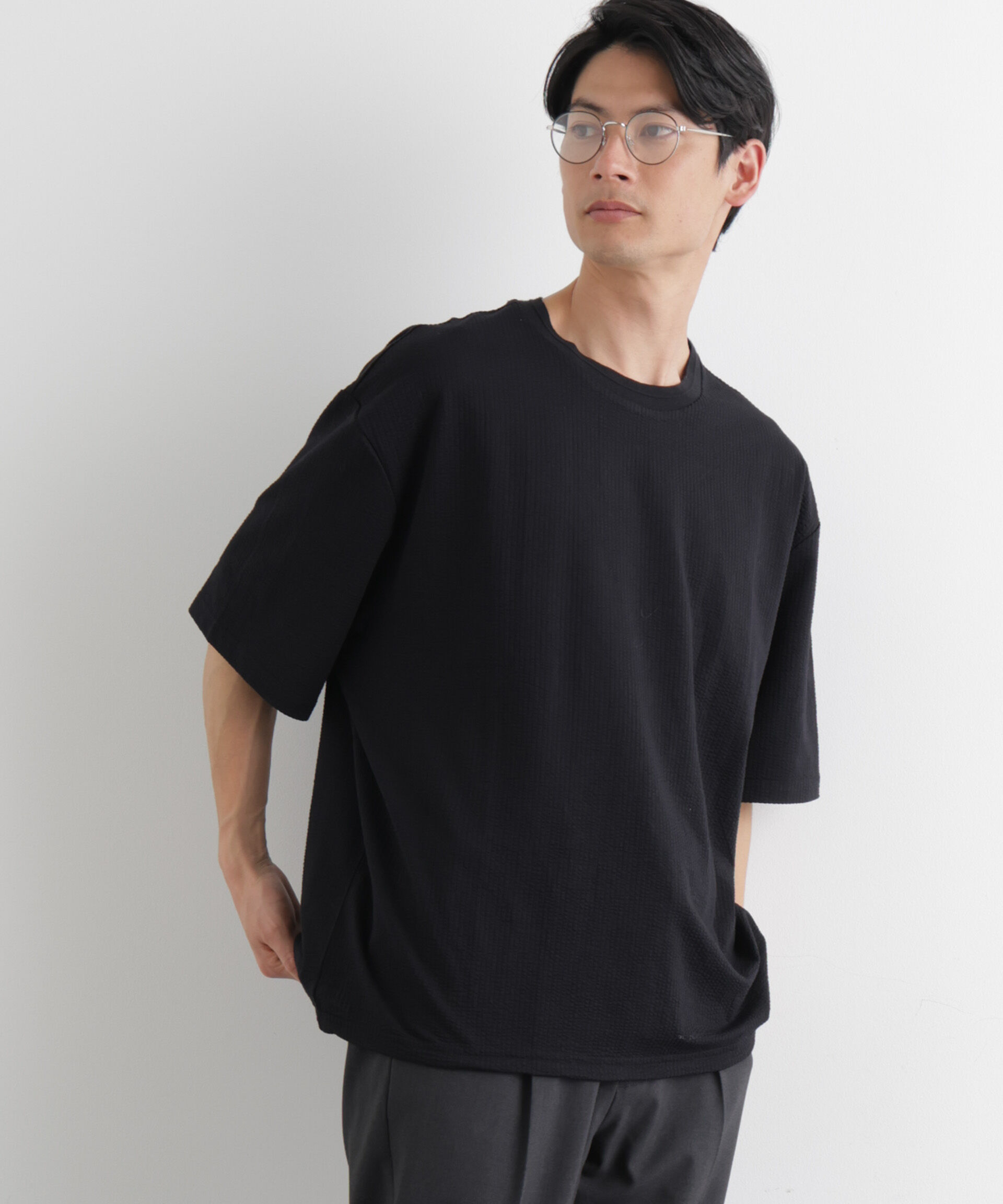 nano･universe「シルケットサッカーワイドTシャツ 半袖」|Tシャツ・カットソー|ブラック