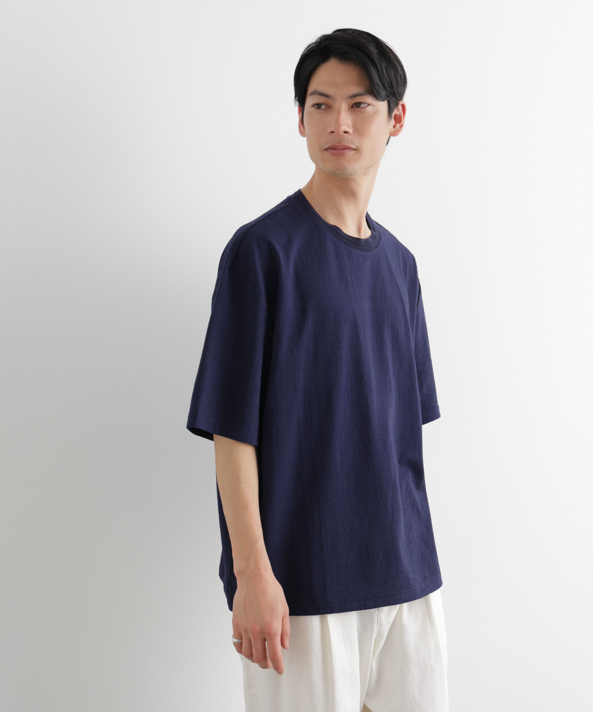 nano･universe「シルケットサッカーワイドTシャツ 半袖」|Tシャツ・カットソー|ネイビー