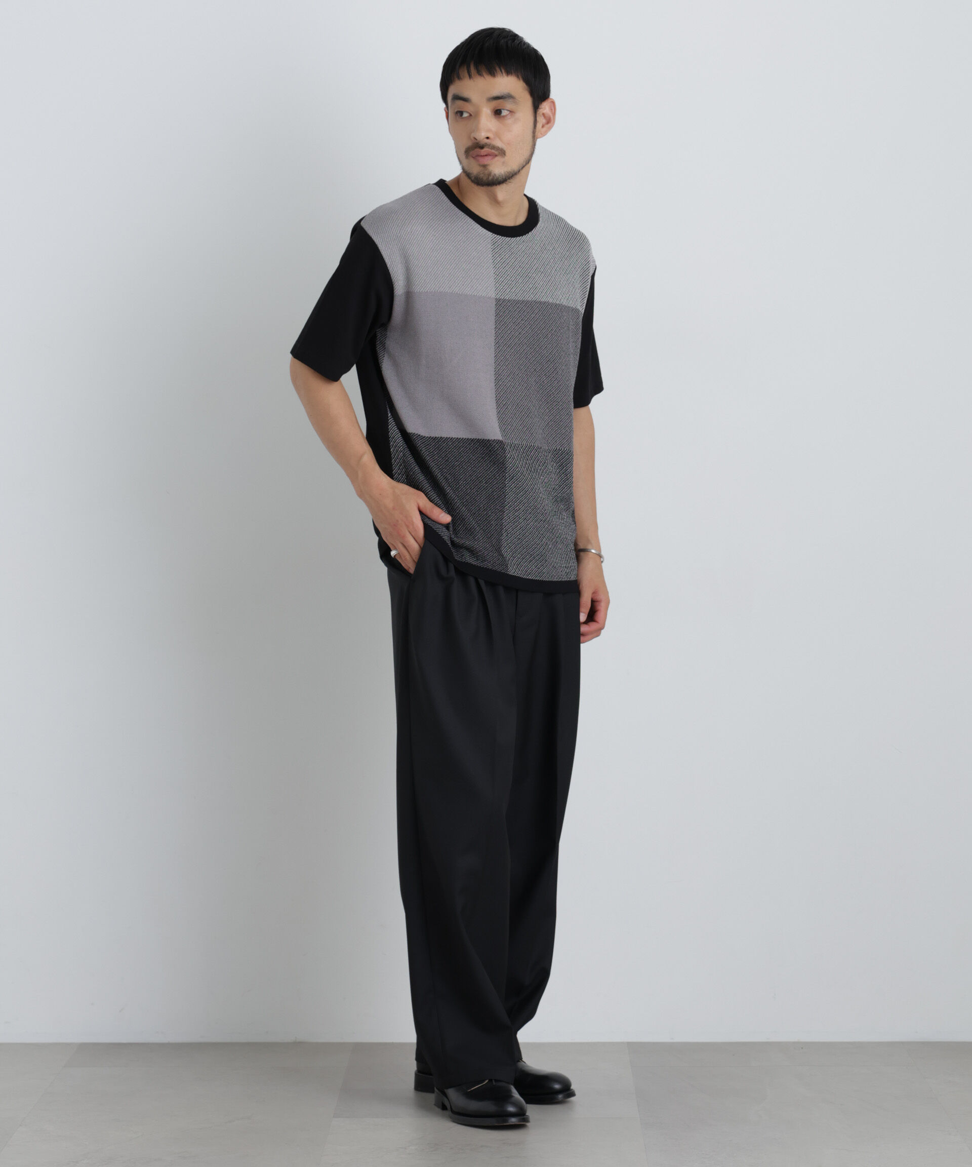 NANO universe「切替チェックニットTシャツ 半袖」|ニット・セーター|