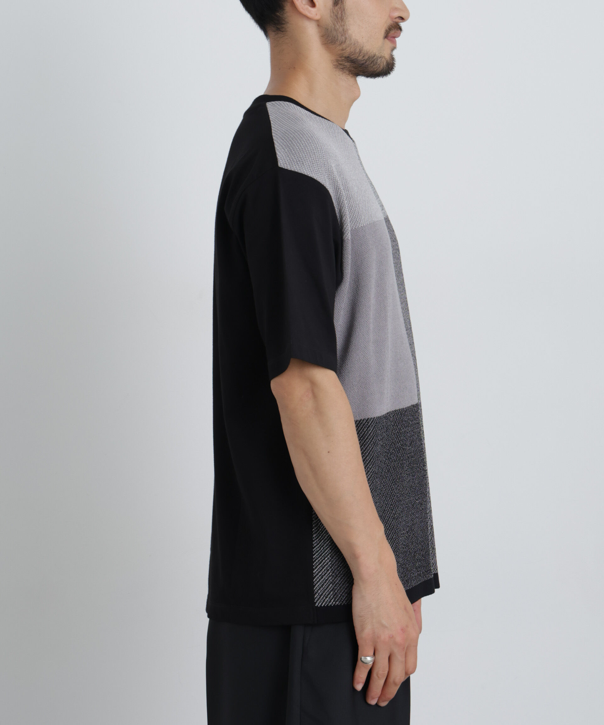 NANO universe「切替チェックニットTシャツ 半袖」|ニット・セーター|