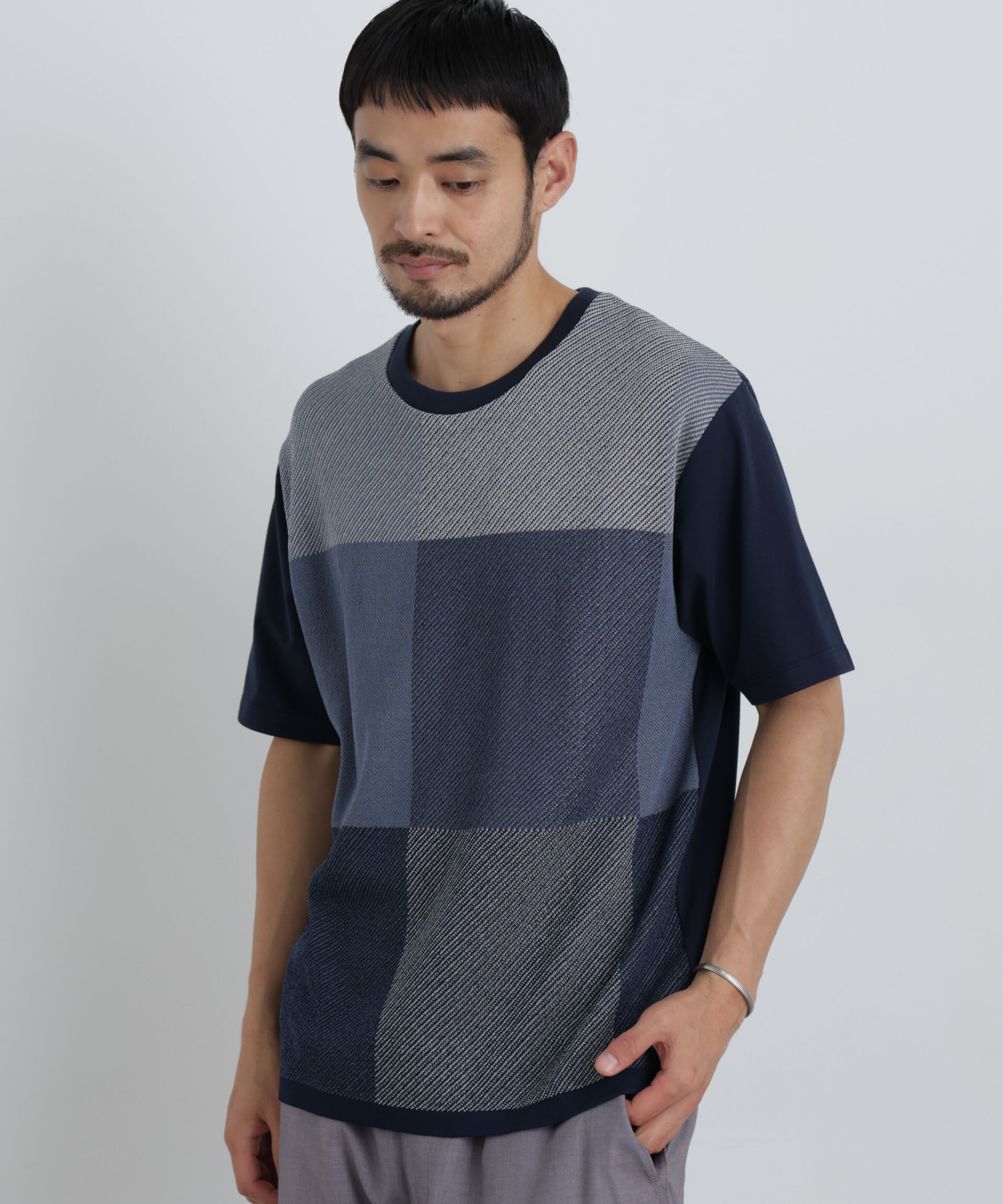 NANO universe「切替チェックニットTシャツ 半袖」|ニット・セーター|