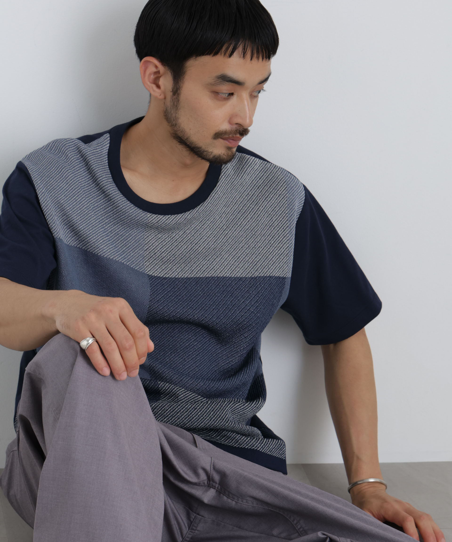 NANO universe「切替チェックニットTシャツ 半袖」|ニット・セーター|