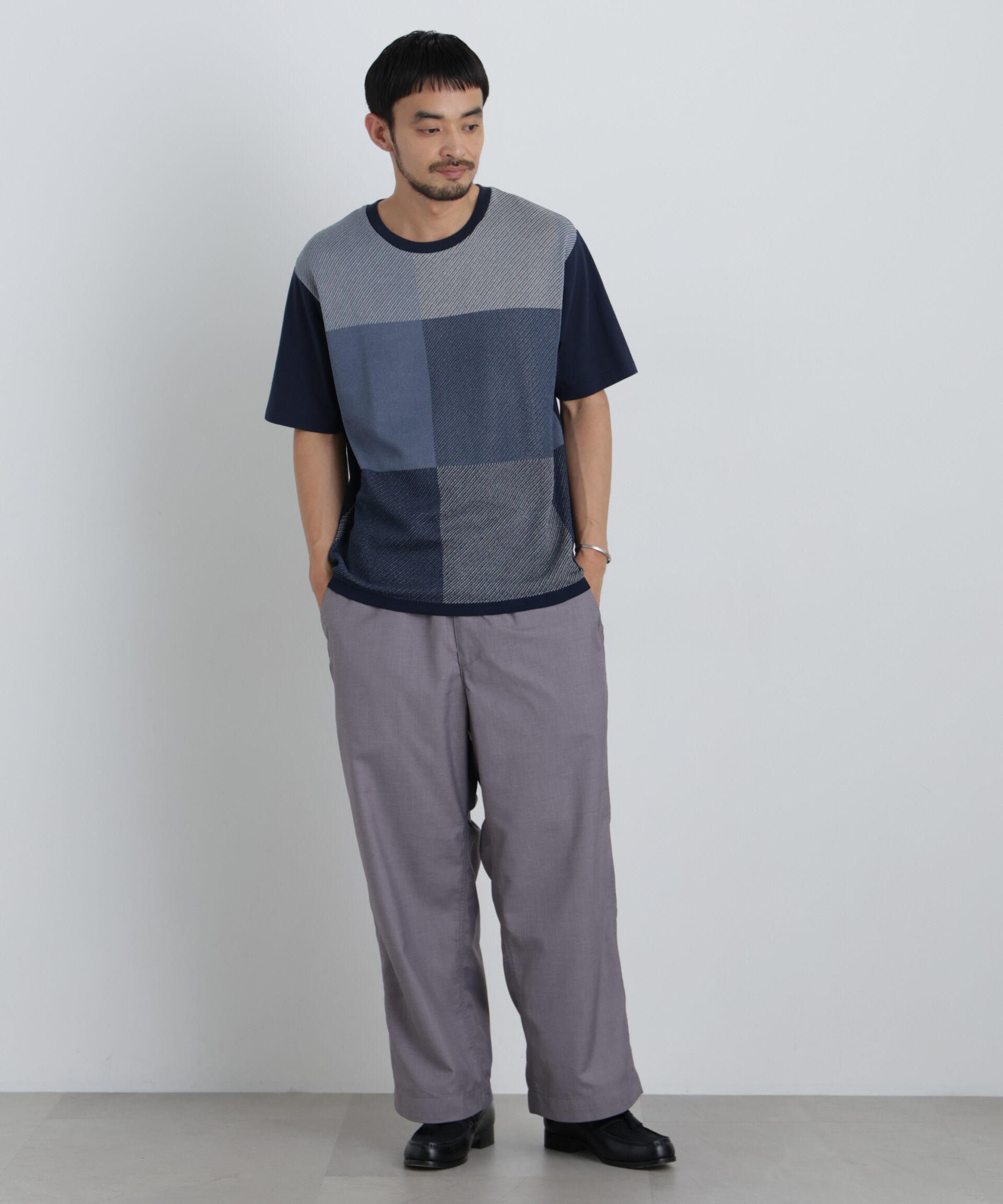 NANO universe「切替チェックニットTシャツ 半袖」|ニット・セーター|