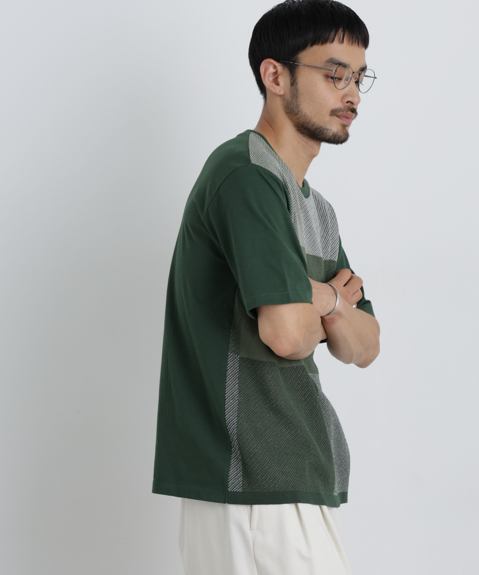 NANO universe「切替チェックニットTシャツ 半袖」|ニット・セーター|