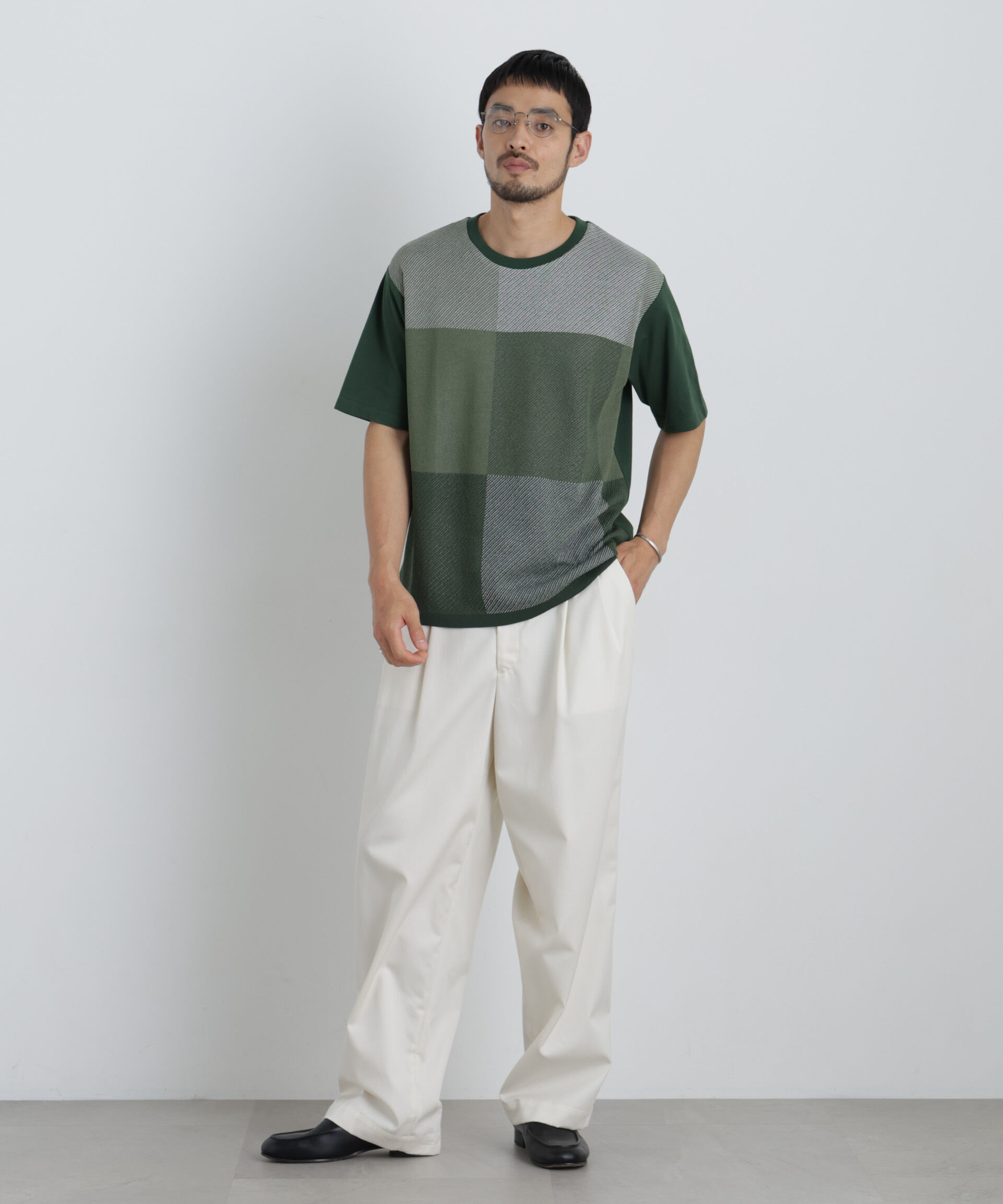 NANO universe「切替チェックニットTシャツ 半袖」|ニット・セーター|