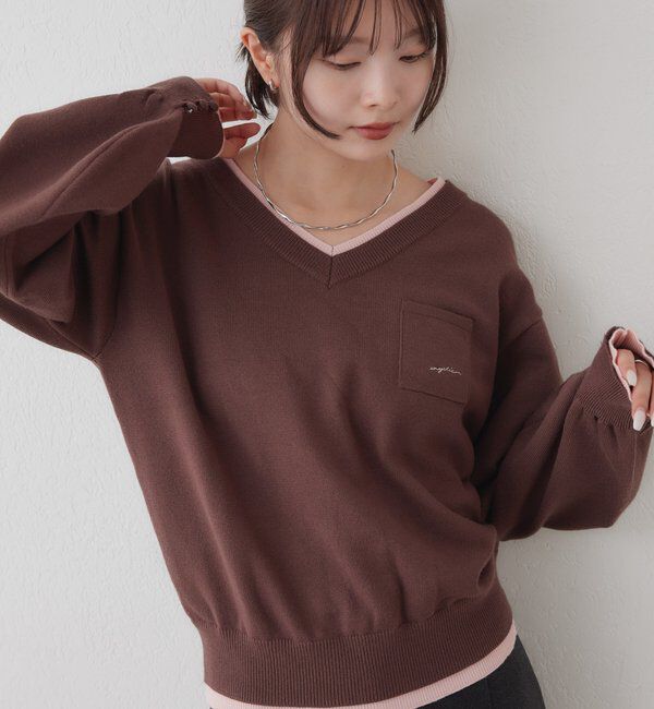  「配色レイヤードVニット」|ニット・セーター|モカ