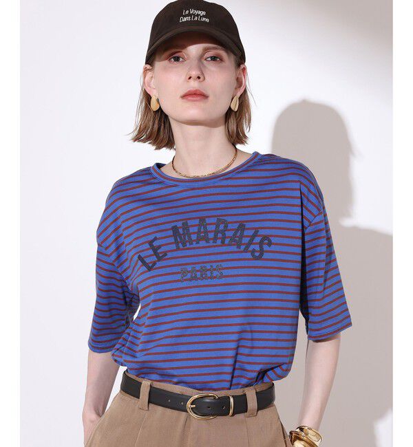 allureville「カレッジライクロゴボーダーＴシャツ」|Tシャツ・カットソー|ブルー
