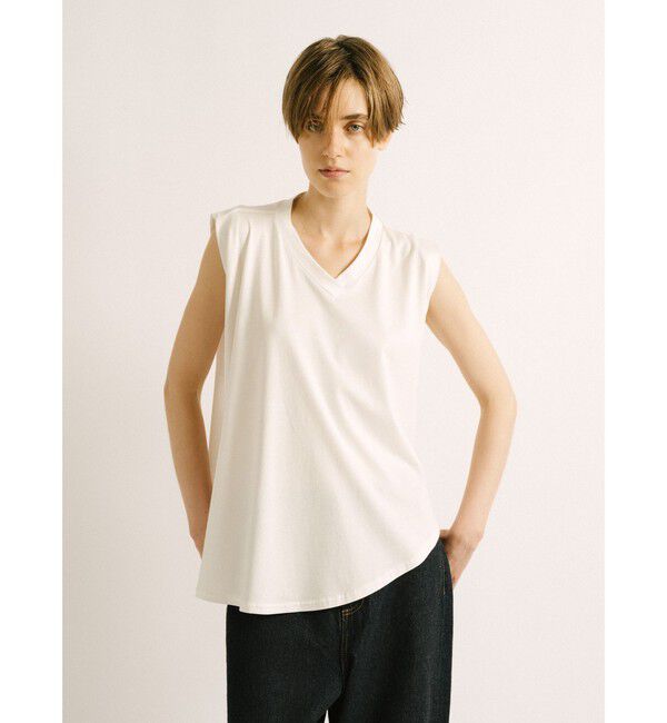 mizuiro ind「mizuiro ind Vネックアシンメトリーノースリーブプルオーバー」|Tシャツ・カットソー|