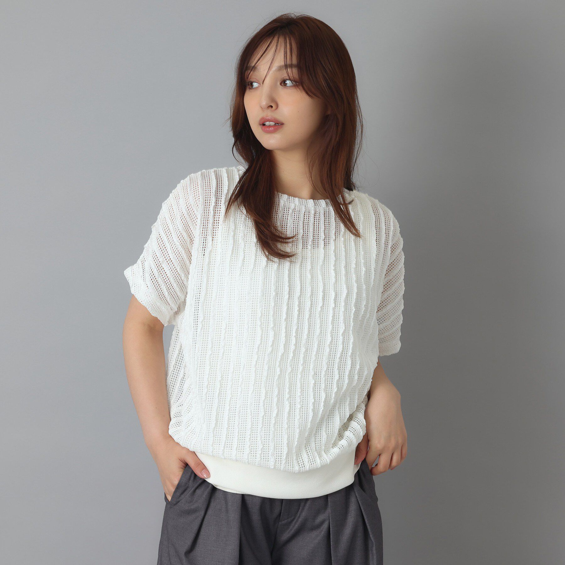 DRESSTERIOR「【体型カバー/日除け】ドルマンスリーブ シアーメッシュプルオーバー」|Tシャツ・カットソー|