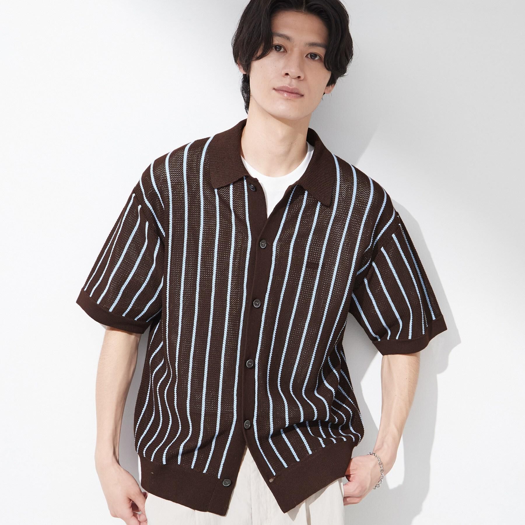 THE SHOP TK「【マシンウォッシャブル】ニットストライプ半袖シャツ」|ニット・セーター|