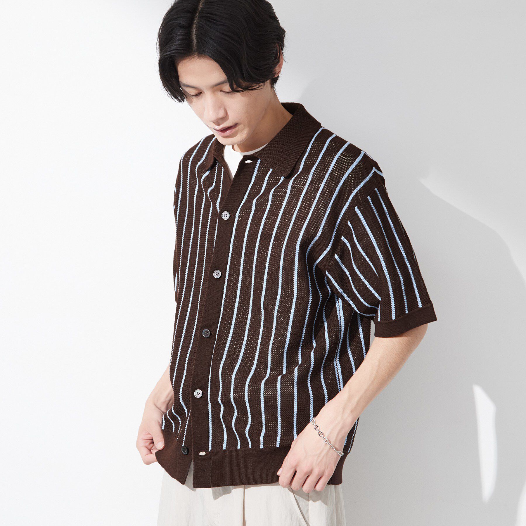 THE SHOP TK「【マシンウォッシャブル】ニットストライプ半袖シャツ」|ニット・セーター|