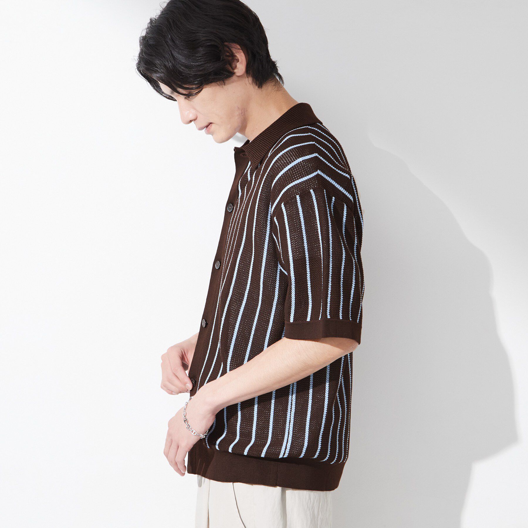 THE SHOP TK「【マシンウォッシャブル】ニットストライプ半袖シャツ」|ニット・セーター|