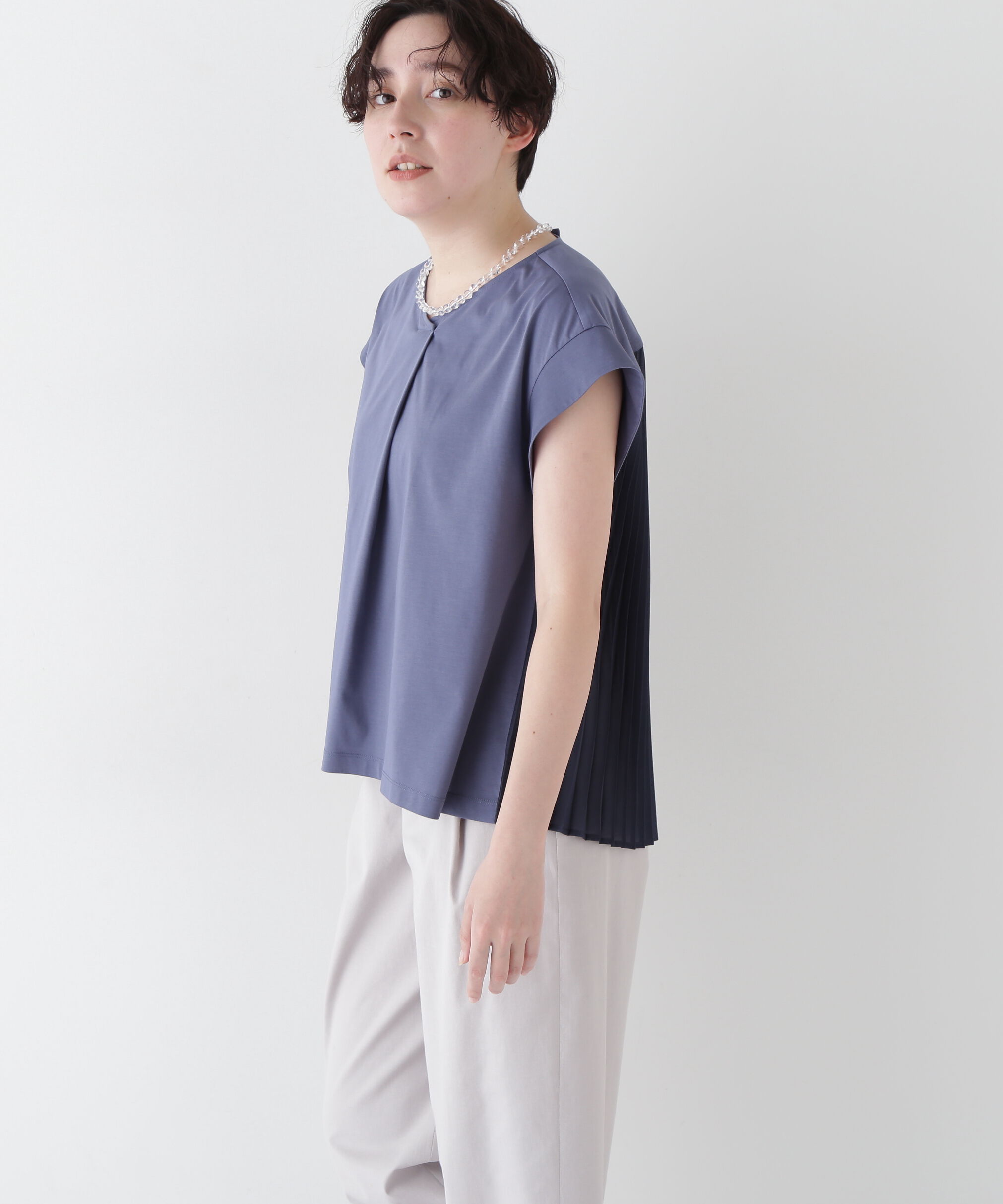  「◆≪接触冷感≫ プリーツドッキングカットソープルオーバー」|Tシャツ・カットソー|ブルー