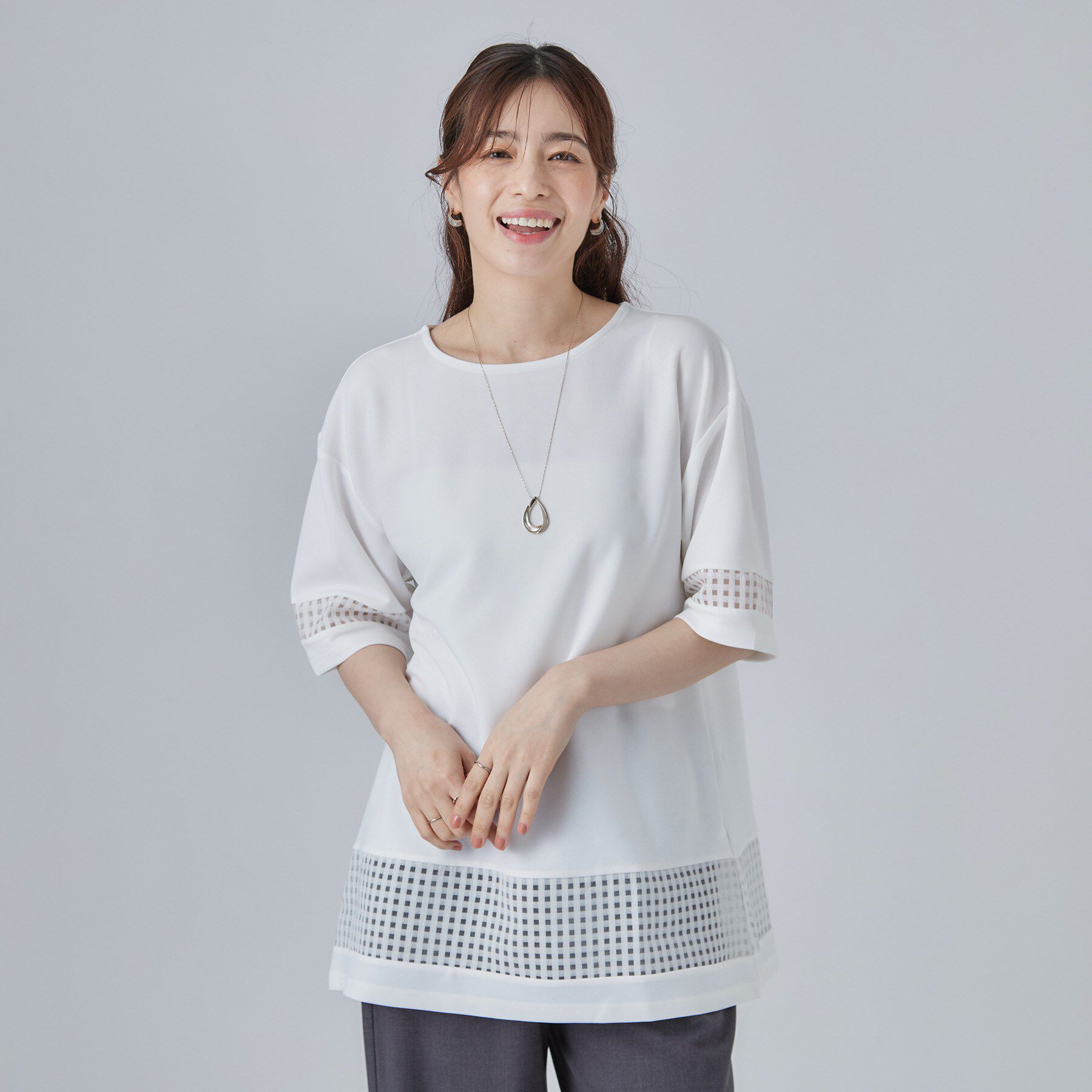SHOO･LA･RUE「【S-LL】上品に体型カバー 大人のシアーチェックチュニック」|チュニック|