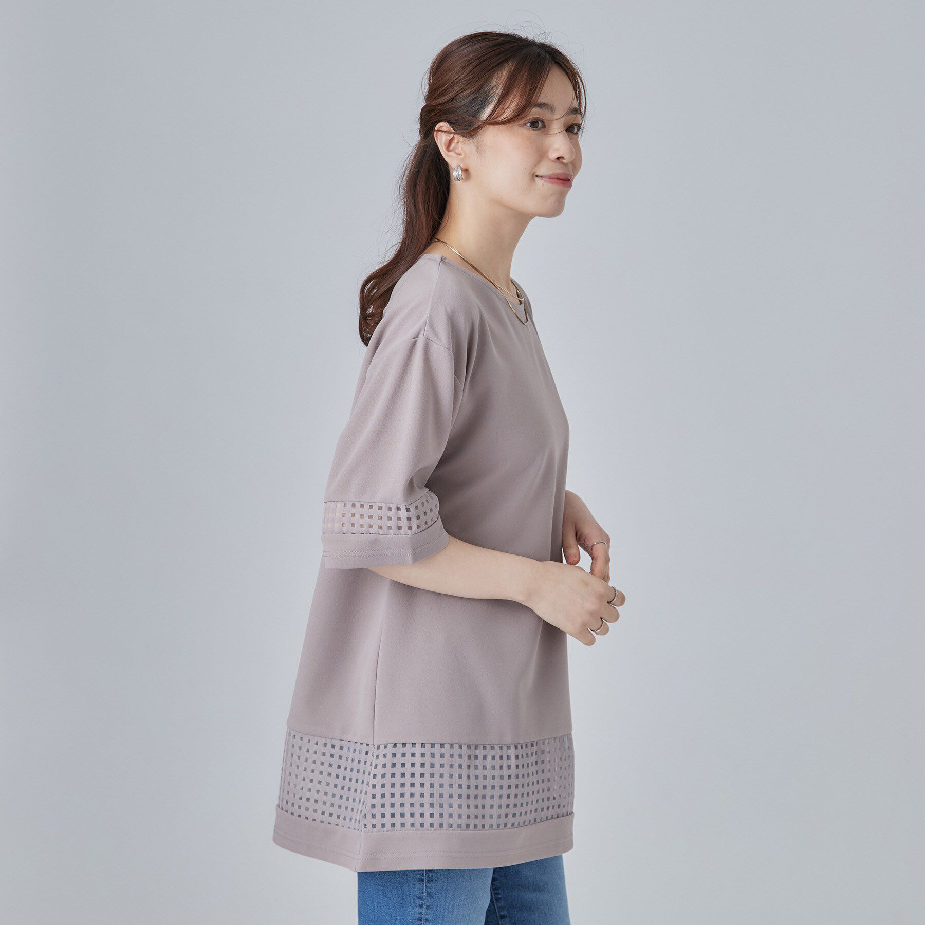 SHOO･LA･RUE「【S-LL】上品に体型カバー 大人のシアーチェックチュニック」|チュニック|