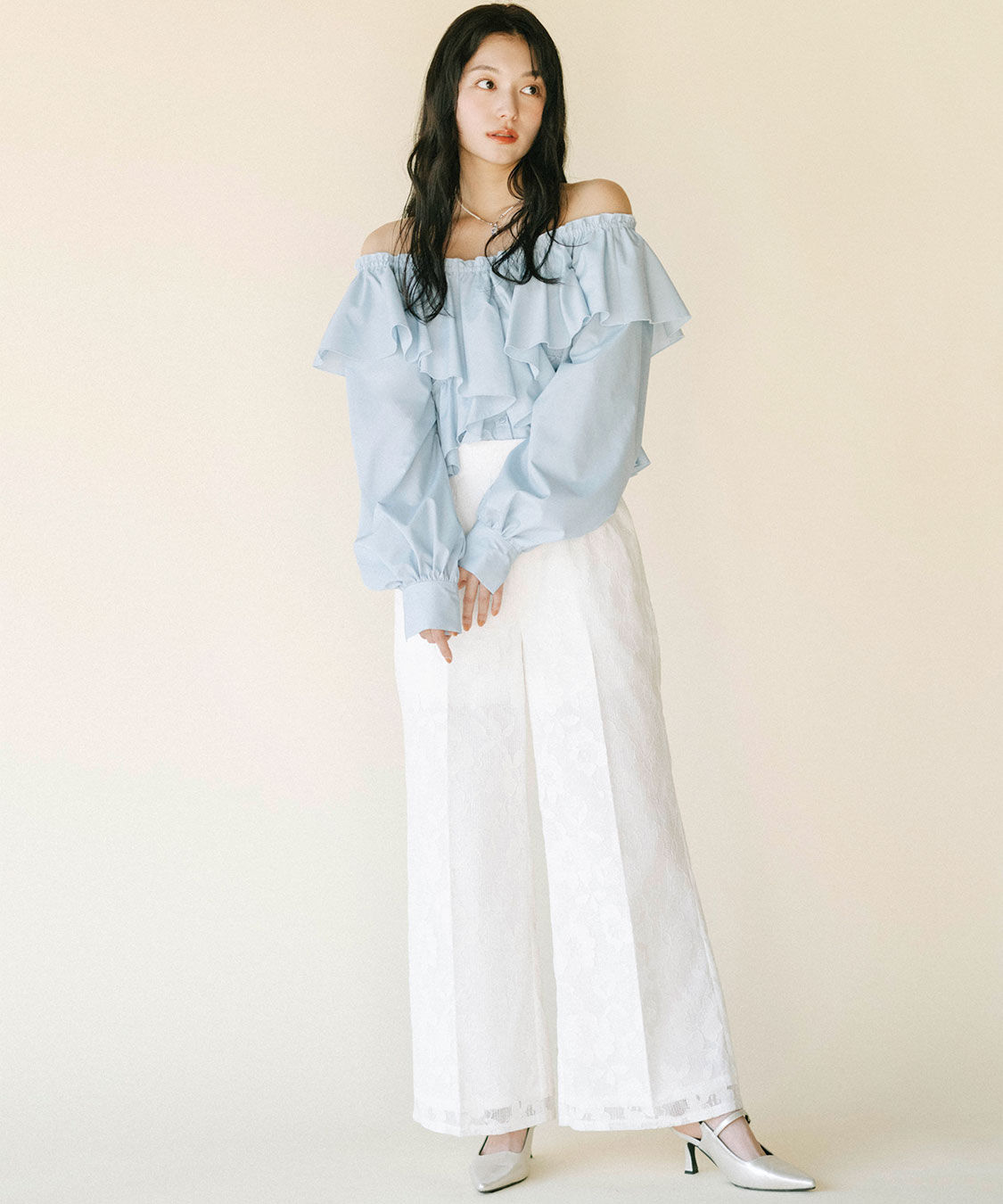 COCO DEAL「ハイウエストレースワイドパンツ」|スラックス|