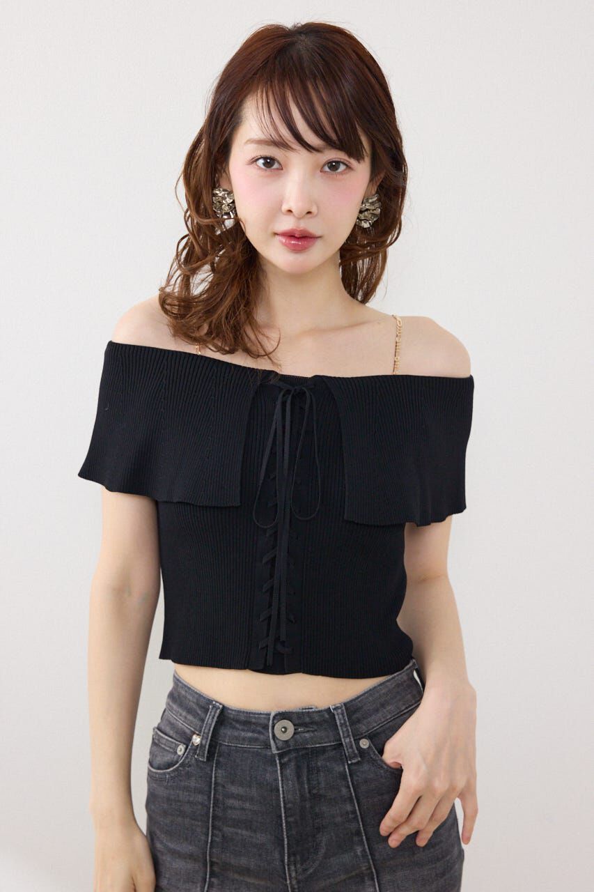 rienda「レースアップオフショルニットトップス」|ニット・セーター|BLK