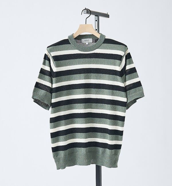 ABAHOUSE「ブークレー マルチボーダー ニットTシャツ」|ニット・セーター|モスグリーン