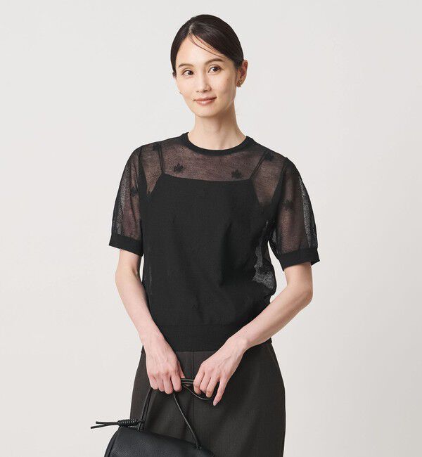UNITED ARROWS「シアー フラワー ショートスリーブ ニット ‐ウォッシャブル‐」|ニット・セーター|BLACK