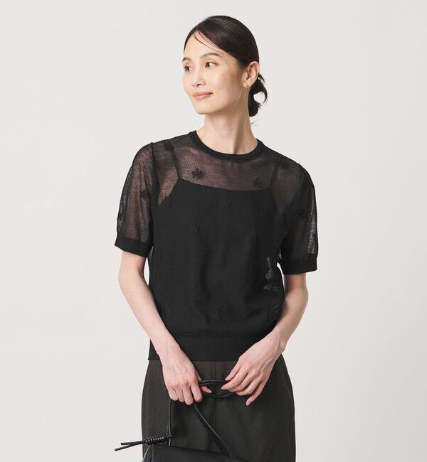 UNITED ARROWS「シアー フラワー ショートスリーブ ニット ‐ウォッシャブル‐」|ニット・セーター|