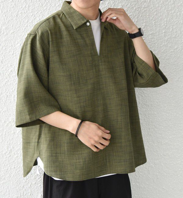 SHIPS any「SHIPS any:〈UVカット〉FUTURE LINEN CANVAS リネンライク スキッパー プルオーバーシャツ◇」|シャツ・ブラウス|オリーブ