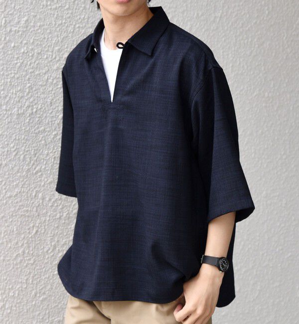 SHIPS any「SHIPS any:〈UVカット〉FUTURE LINEN CANVAS リネンライク スキッパー プルオーバーシャツ◇」|シャツ・ブラウス|ネイビー