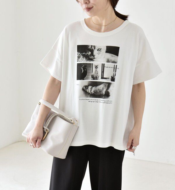 quaranciel「quaranciel:〈接触冷感/汗染み防止加工/洗濯機可能〉CAT プリント TEE」|Tシャツ・カットソー|