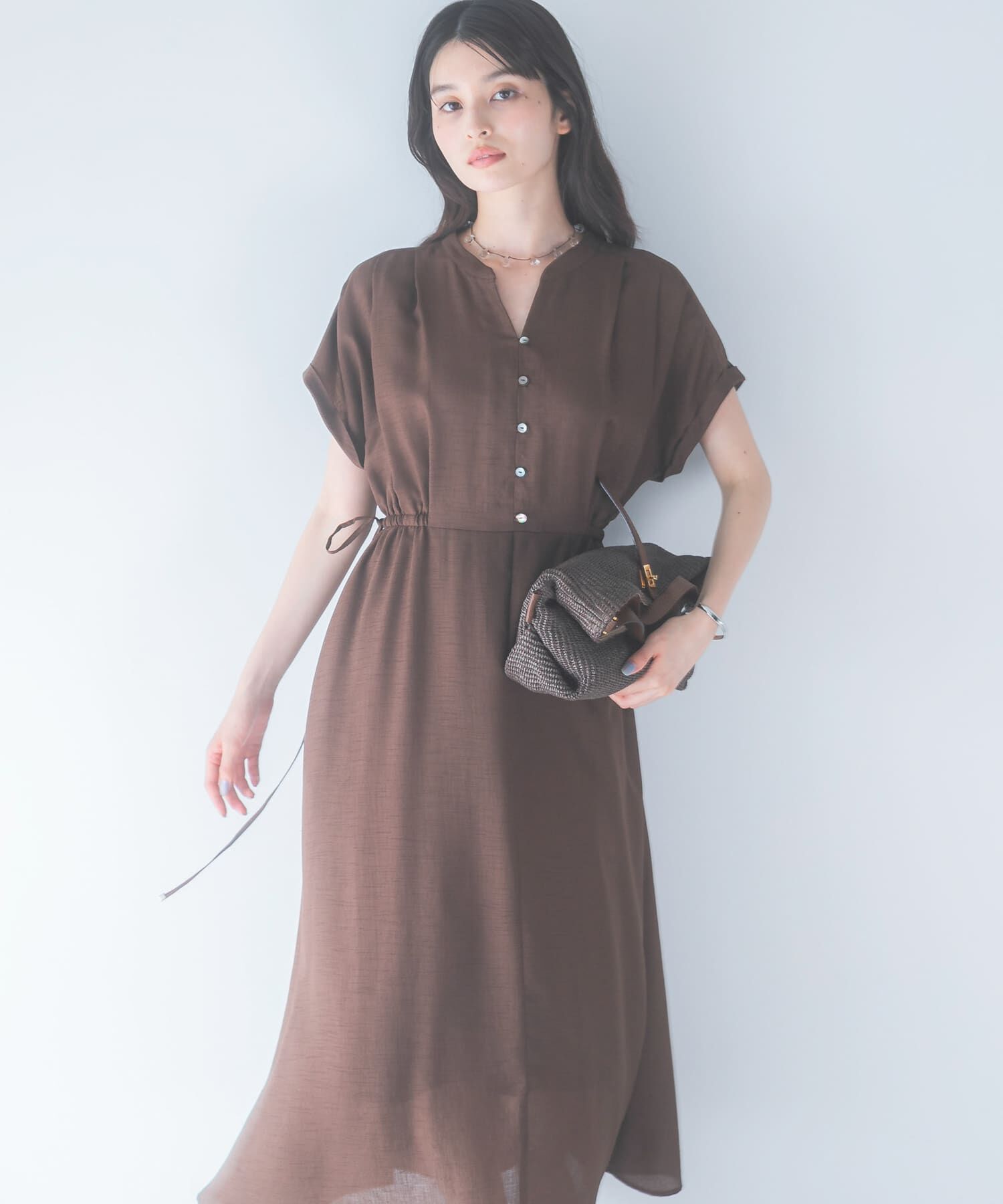 URBAN RESEARCH ROSSO「ウォッシャブルセミシアー2WAYネックワンピース」|ワンピース|ブラウン