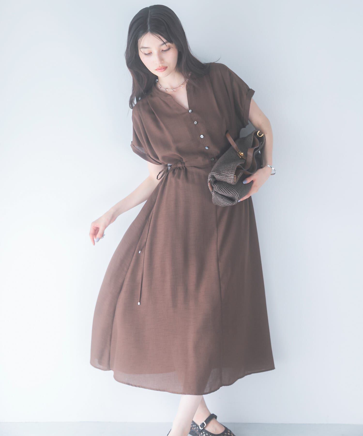 URBAN RESEARCH ROSSO「ウォッシャブルセミシアー2WAYネックワンピース」|ワンピース|