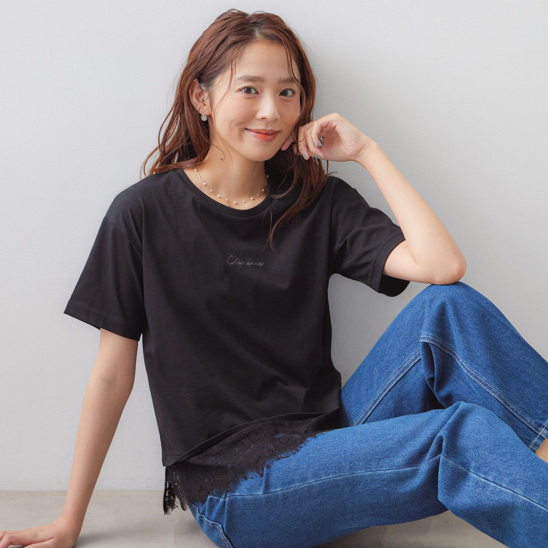 index「【接触冷感／UV】刺繍ロゴ裾レースTシャツ《洗濯機OK》」|Tシャツ・カットソー|ブラック(019)