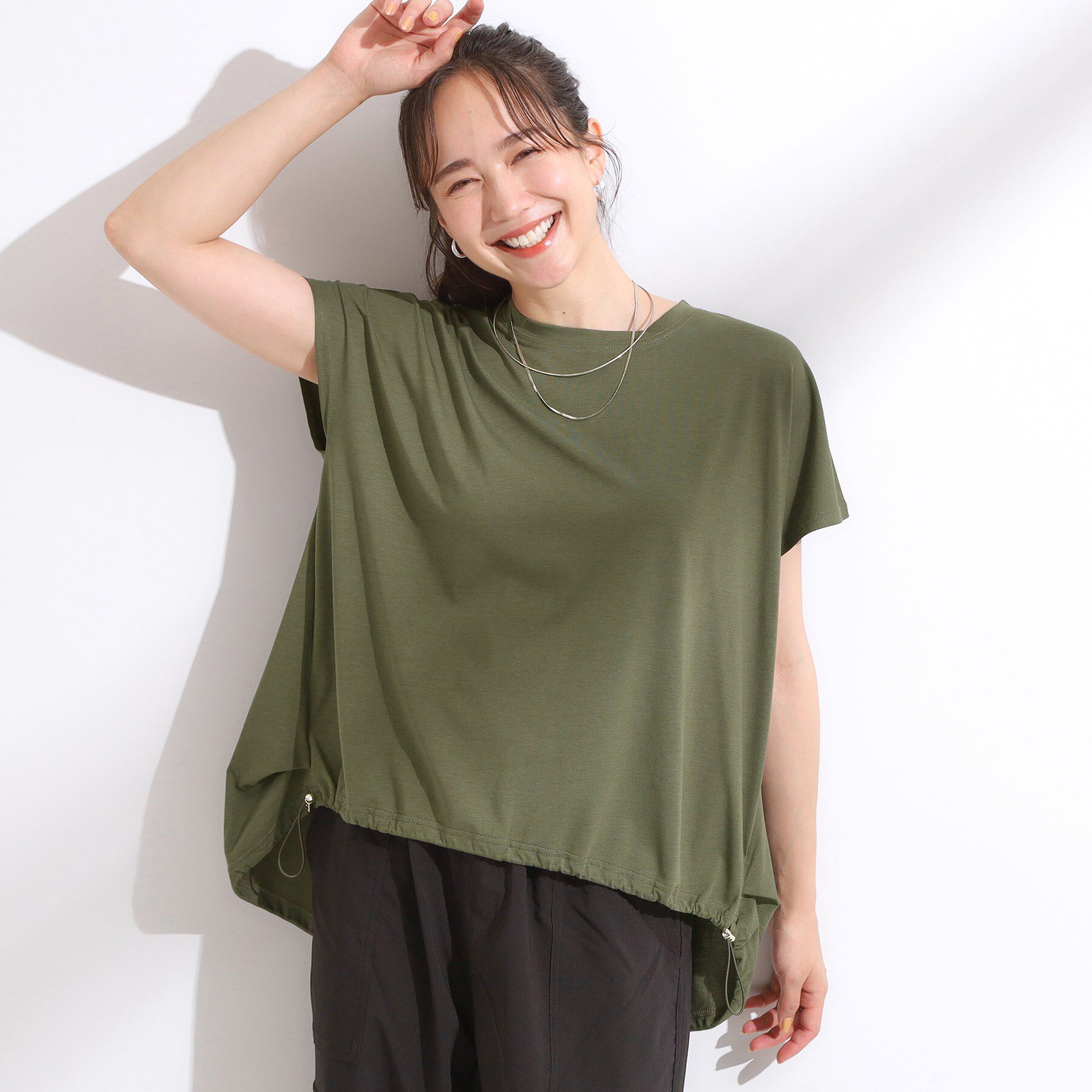SHOO･LA･RUE「【ひんやり】裾が絞れる フレンチスリーブトップス」|Tシャツ・カットソー|