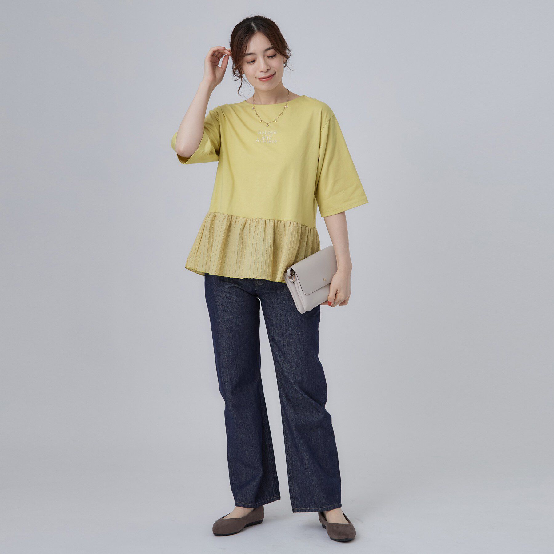SHOO･LA･RUE「【S-LL】自然に体型カバー 裾切替 ペプラム刺繍Tシャツ」|Tシャツ・カットソー|