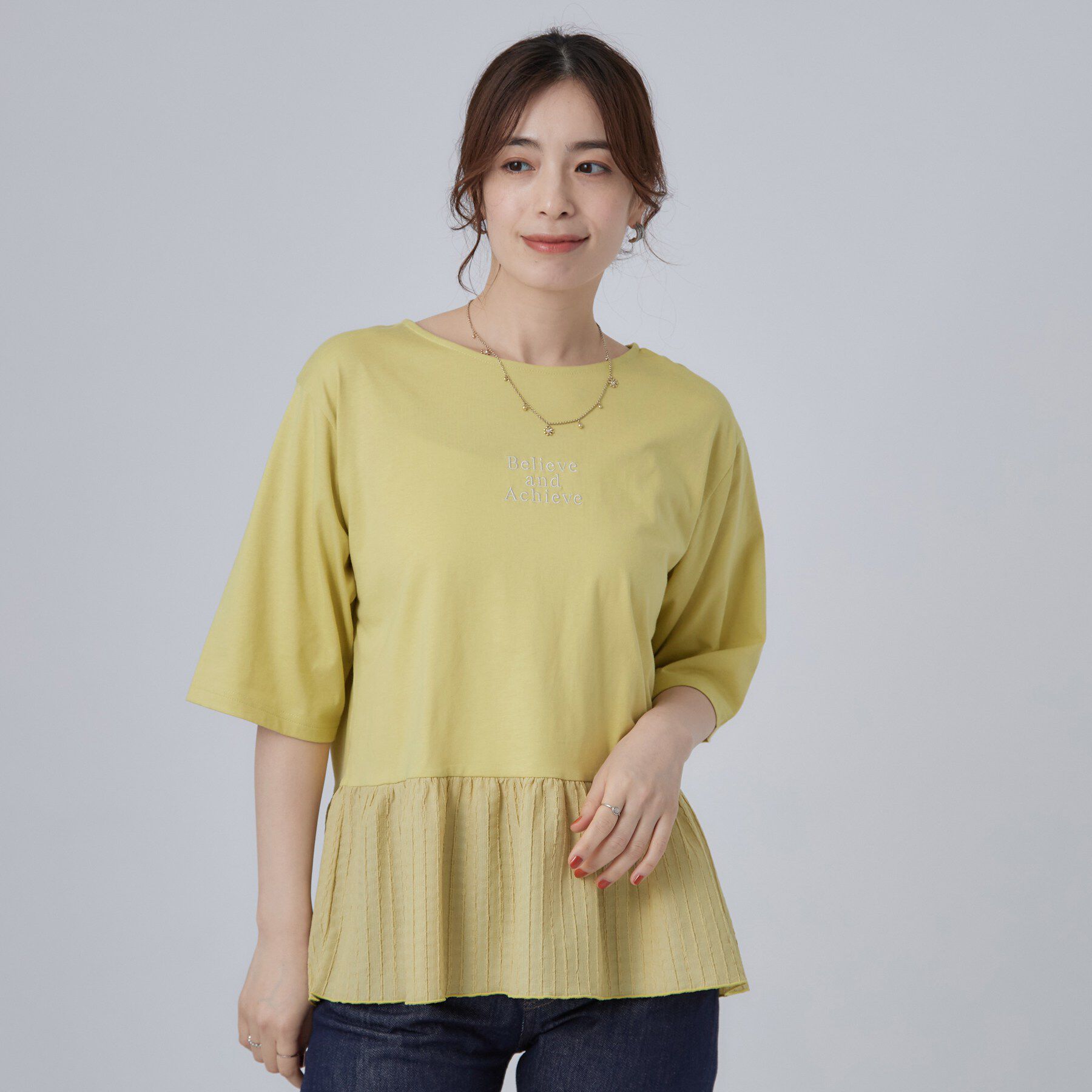 SHOO･LA･RUE「【S-LL】自然に体型カバー 裾切替 ペプラム刺繍Tシャツ」|Tシャツ・カットソー|