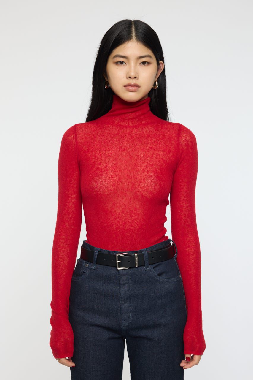 MOUSSY「SHEER TURTLE NECK ニットトップス」|ニット・セーター|RED