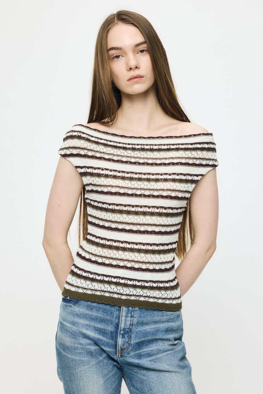 MOUSSY「STRIPED OFF SHOULDER トップス」|ニット・セーター|柄KHA5