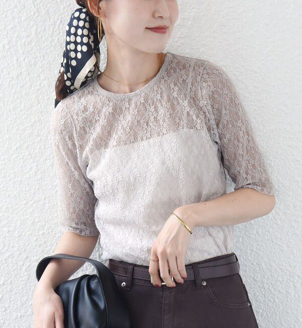 SHIPS for women「〈手洗い可能〉ストレッチ フラワー レース TEE」|Tシャツ・カットソー|ライトグレー