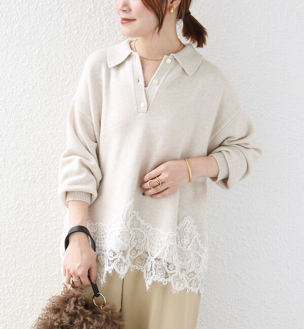 SHIPS for women「《予約》【WEB限定】〈手洗い可能〉レーストリム スキッパー ポロ襟 ニット」|ニット・セーター|