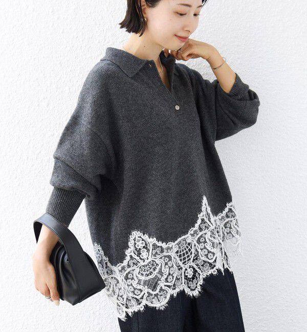 SHIPS for women「《予約》【WEB限定】〈手洗い可能〉レーストリム スキッパー ポロ襟 ニット」|ニット・セーター|ダークグレー