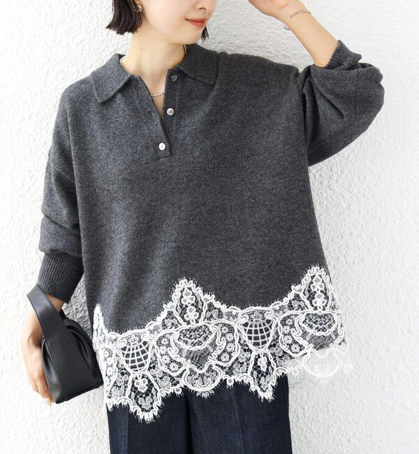 SHIPS for women「《予約》【WEB限定】〈手洗い可能〉レーストリム スキッパー ポロ襟 ニット」|ニット・セーター|