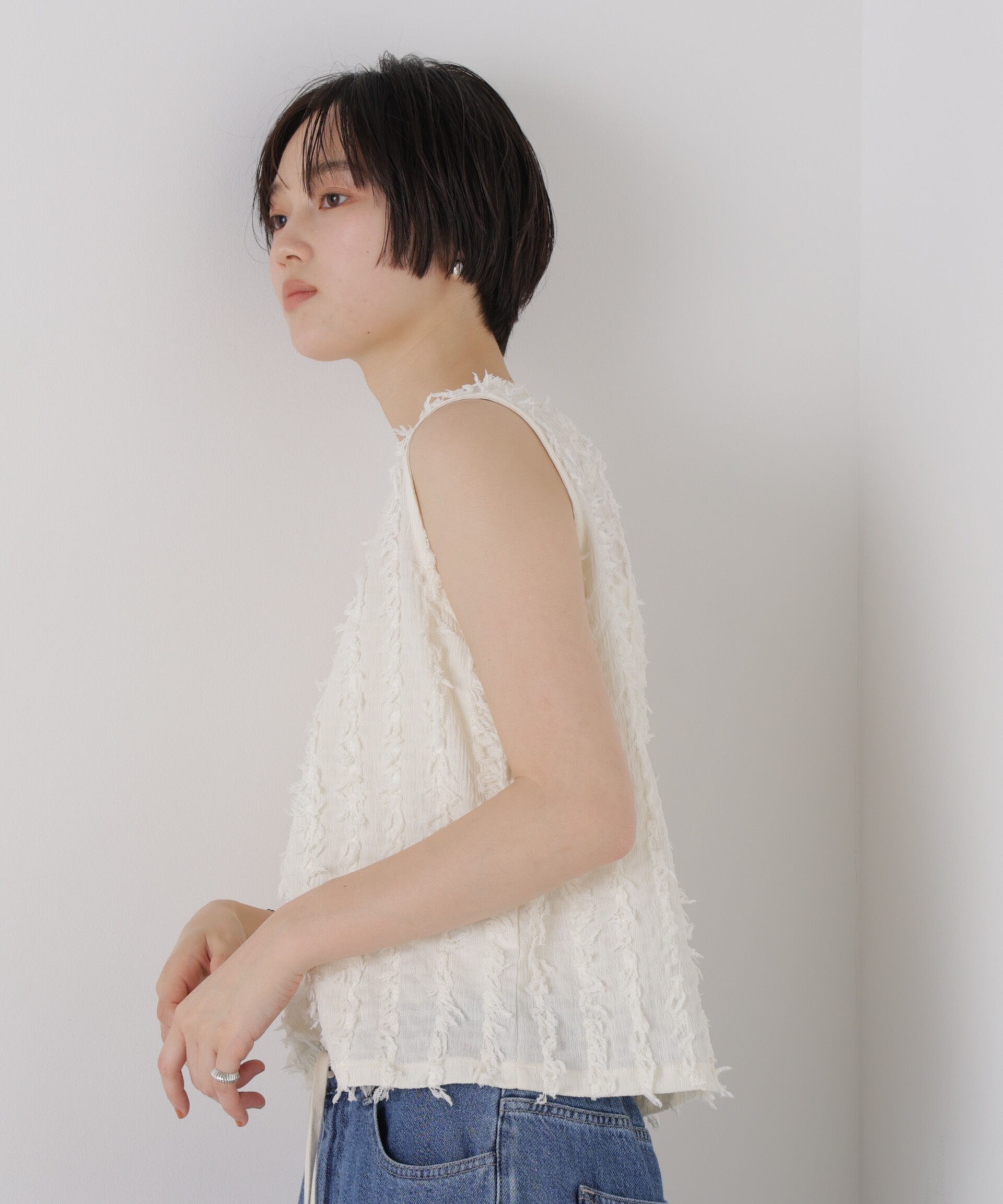 nano･universe「フリンジジャガードノースリーブプルオーバートップス(セットアップ可)」|Tシャツ・カットソー|