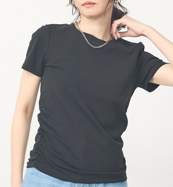 abahouse mavie「【ウエスト細見え】サイドギャザーTシャツ」|Tシャツ・カットソー|ブラック